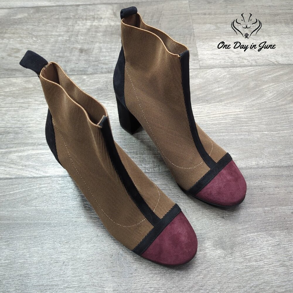 Women’s Two-Tone Heeled Ankle Boots in Brown & Burgundy